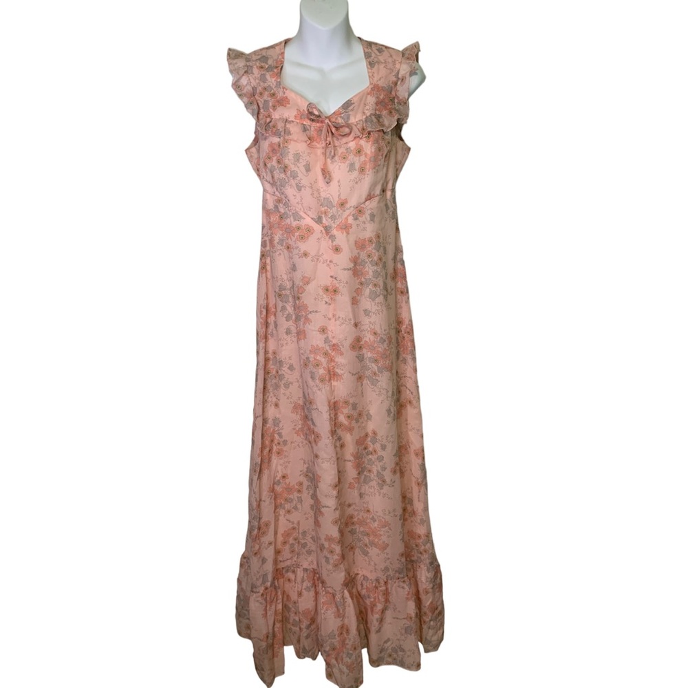 TERRI PETITES CALIFORNIA VINTAGE 1970'S PINK FLORAL ROMANTIC MAXI DRESS BOHO JP9